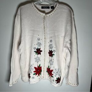 Vintage Crystal Kobe Christmas sweater cardigan size large ivory poinsettias